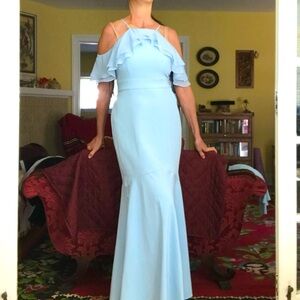 NWT Evening Gown Dress light blue, cold shoulder, Ruffle, high neck, Sz. L